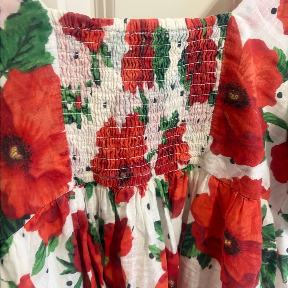 Great condition size M Maeve Red and White Floral Mini Dress. Babydoll. Smocked - Picture 11 of 16